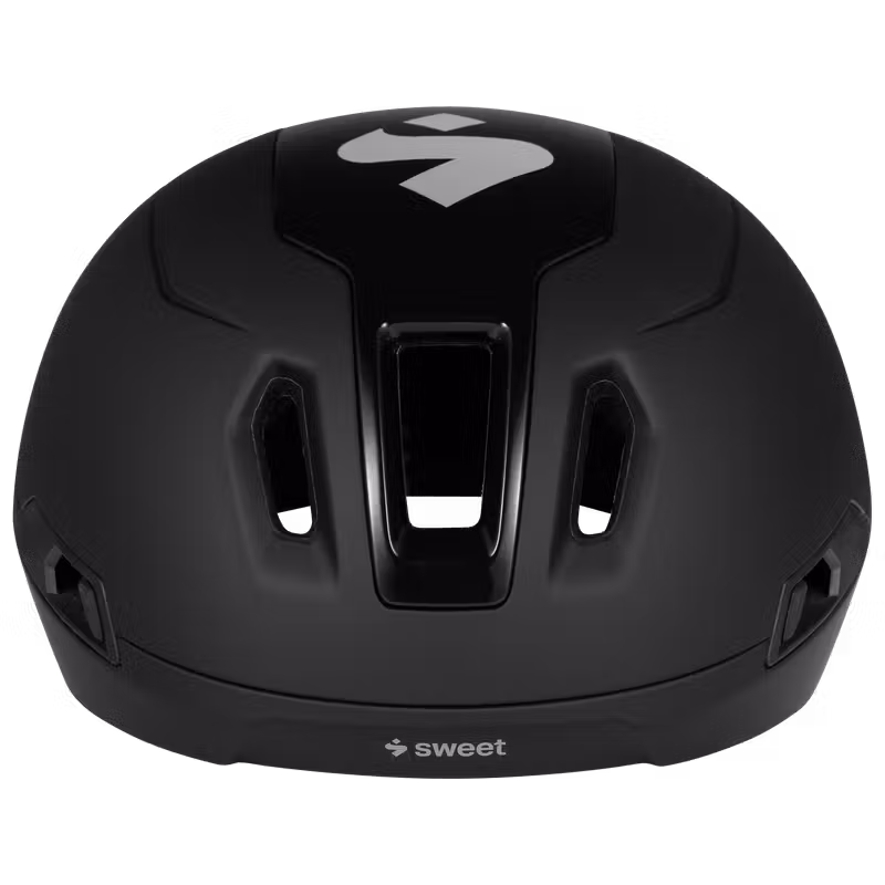 Matte black road helmet, front top-down view, showing ventilation ports and shell texture.