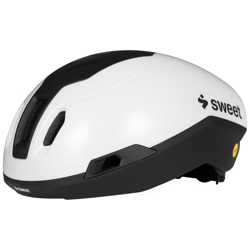 White and black road helmet with MIPS technology, side view, ventilated shell design.
