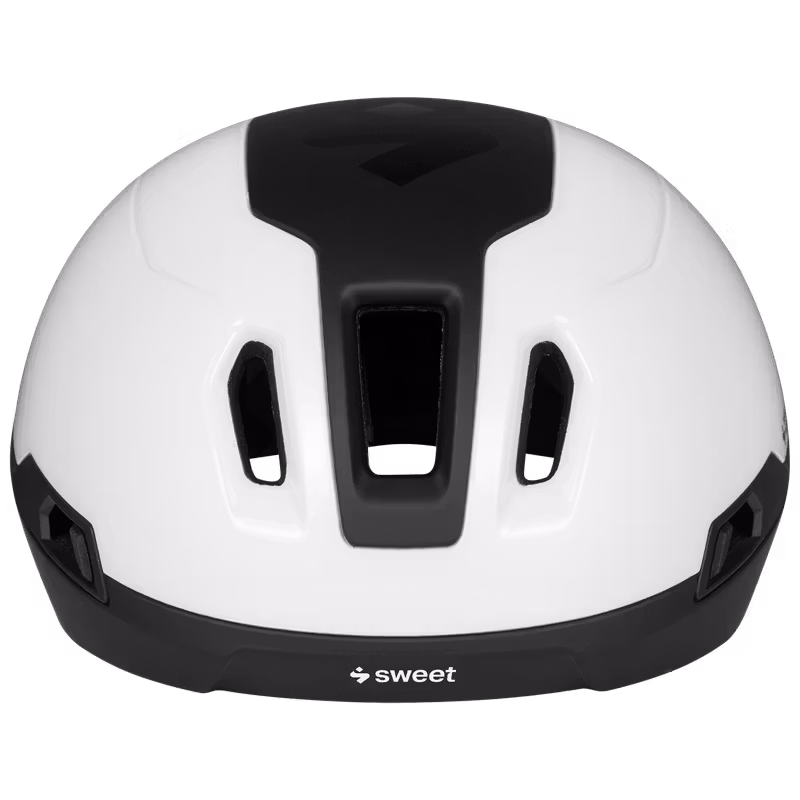 White and black road helmet, front top-down view, showing vents and central panel.