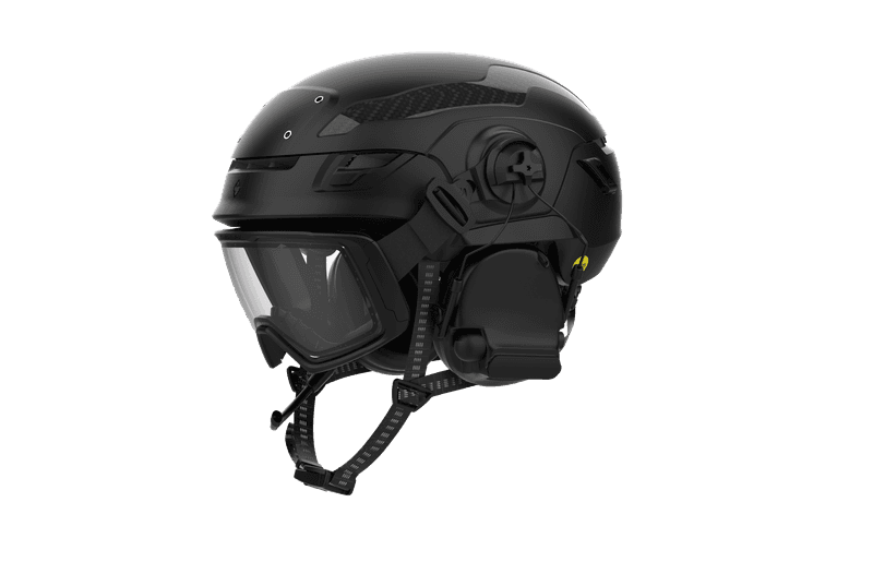 Black Sweet Protection ski helmet with an integrated goggle visor, 3D rendered angled view on transparent background